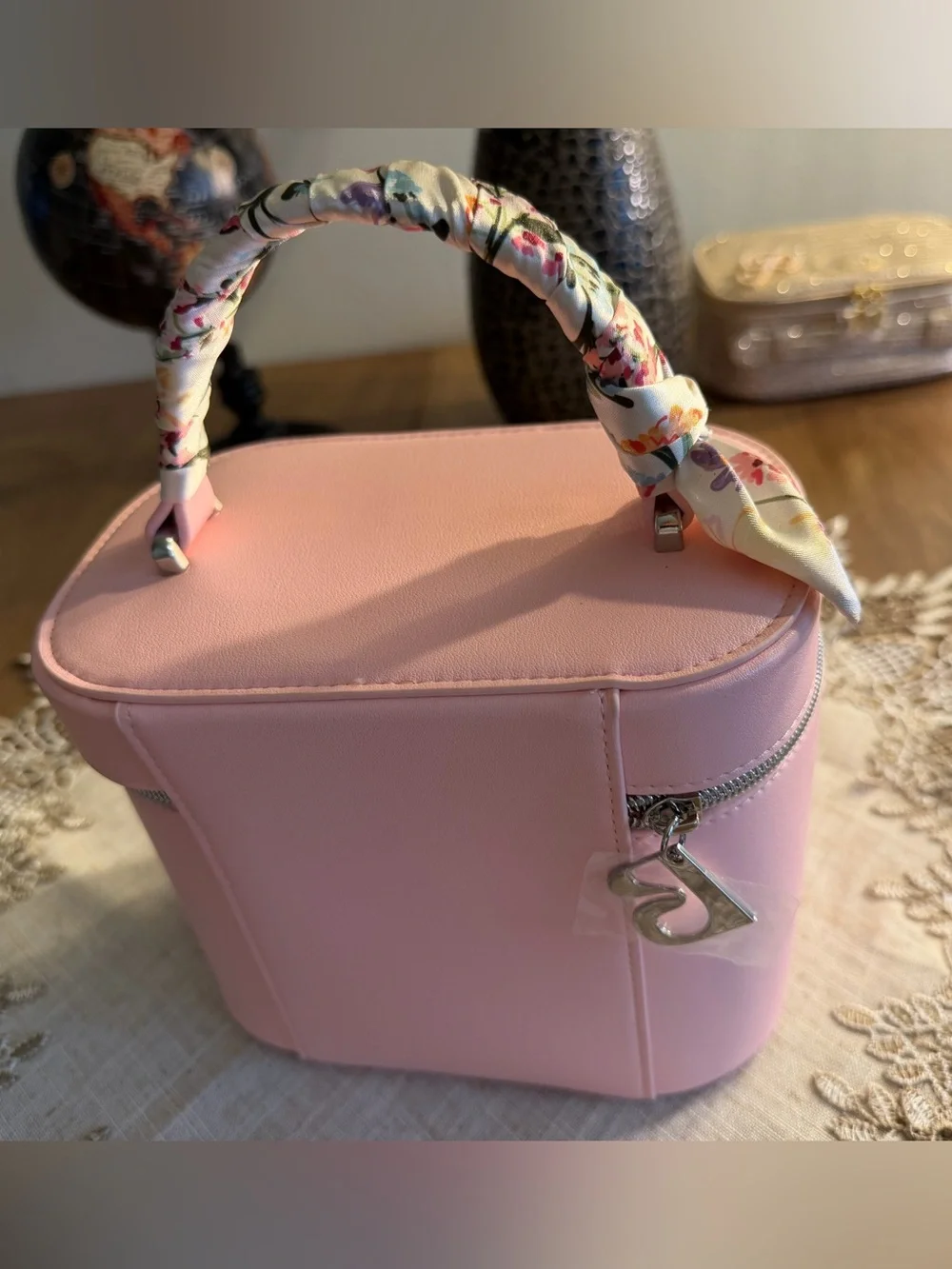 Bluemercury Pink Cosmetic Train Case with Floral Scarf Covered Handle New